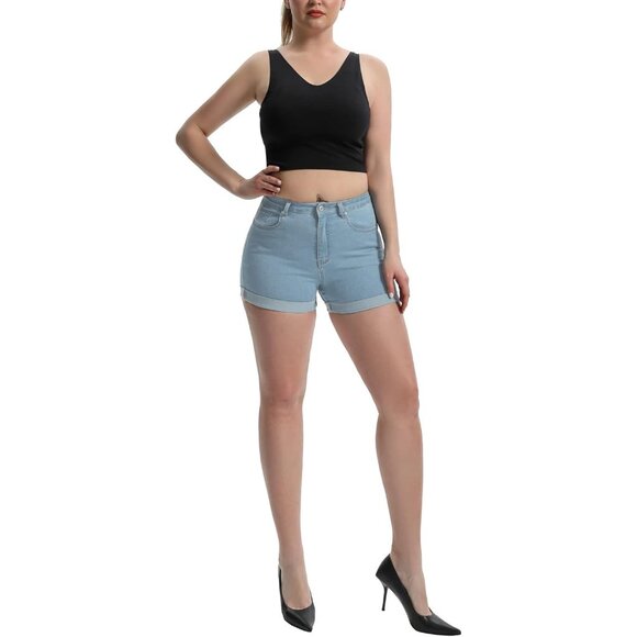 Women's High Waisted Summer Elastic Jean Shorts Folded Hem Hot Denim Shorts - Picture 3 of 5